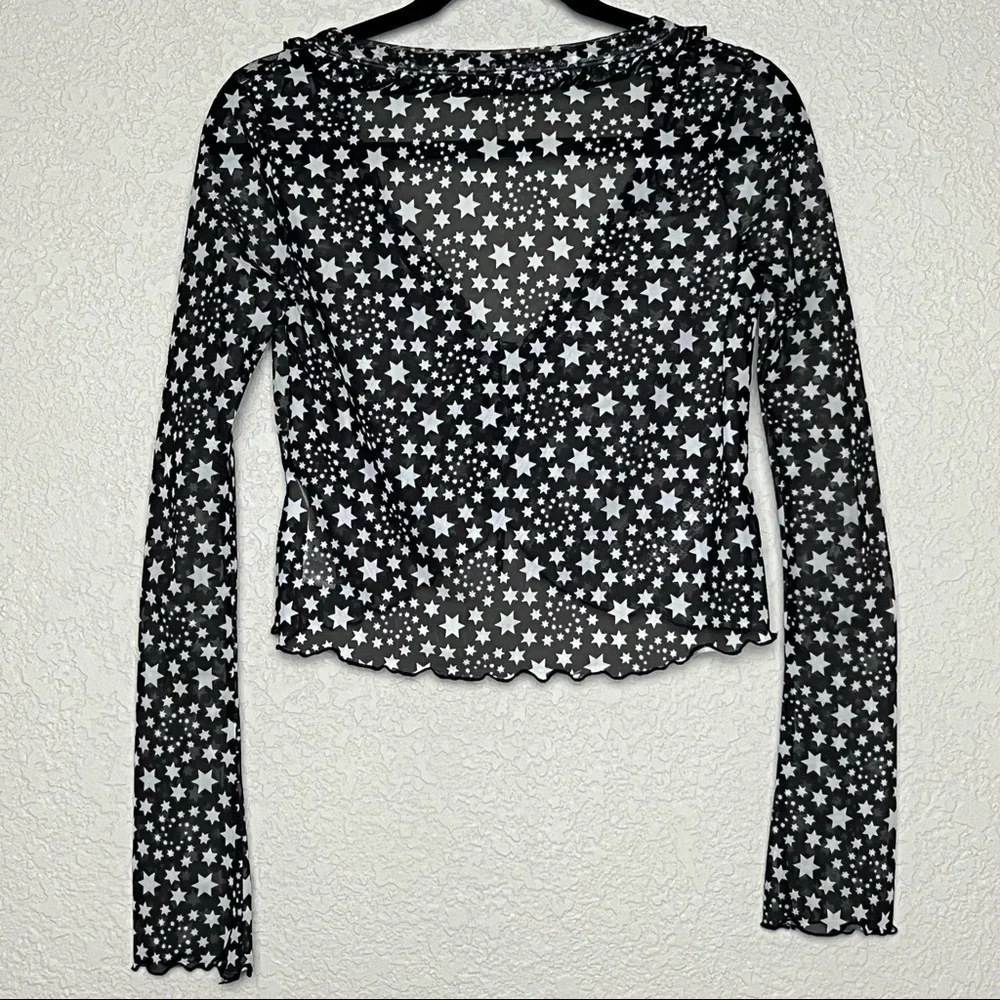 FREE PEOPLE Y2K Sheer Celestial Ruffle V-Neck Long Sleeve Whimsigoth Crop Top XS
